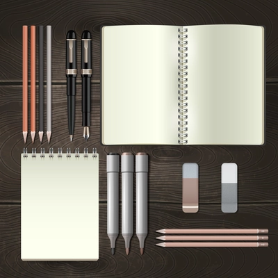 Business stationery tools mockup set with realistic paper notebooks and pencils isolated on wooden background vector illustration