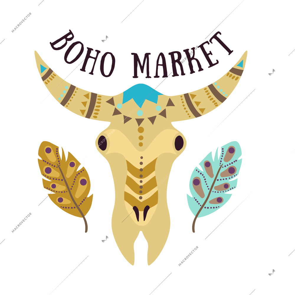 Boho market magic shop flat emblem with feathers and cow skull vector illustration