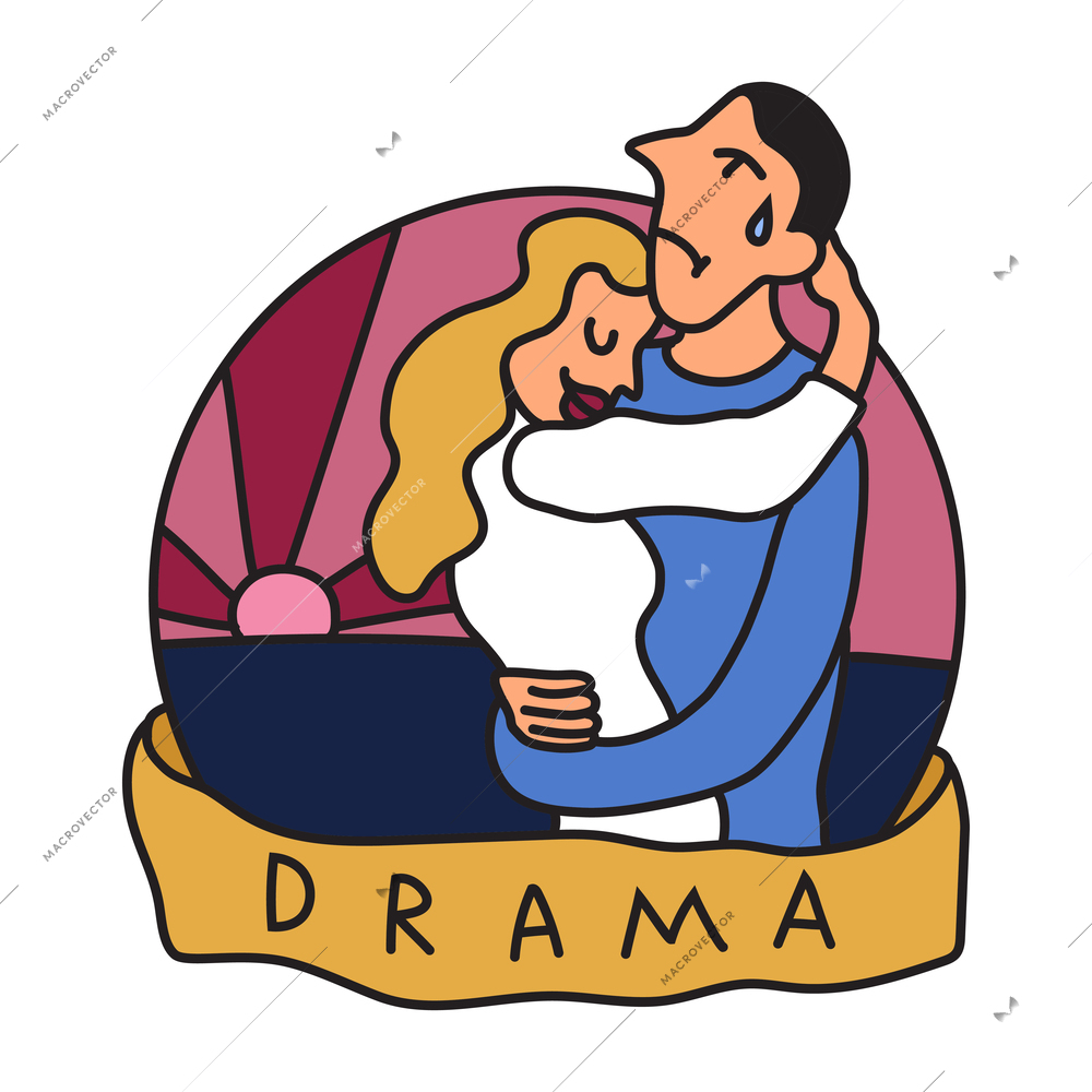 Drama film flat emblem with hugging couple vector illustration