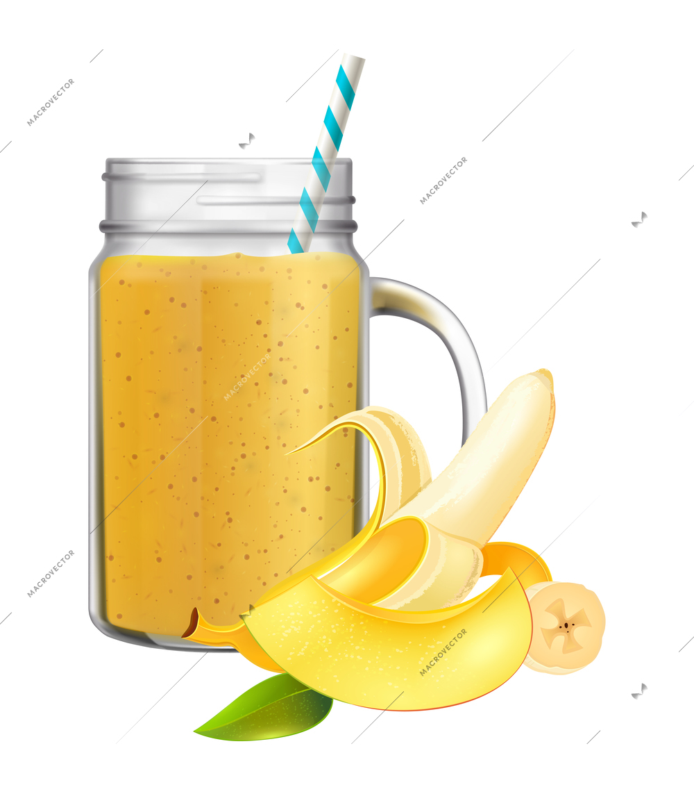 Realistic tropical smoothie with banana and mango in glass jar with straw vector illustration