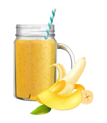 Realistic tropical smoothie with banana and mango in glass jar with straw vector illustration