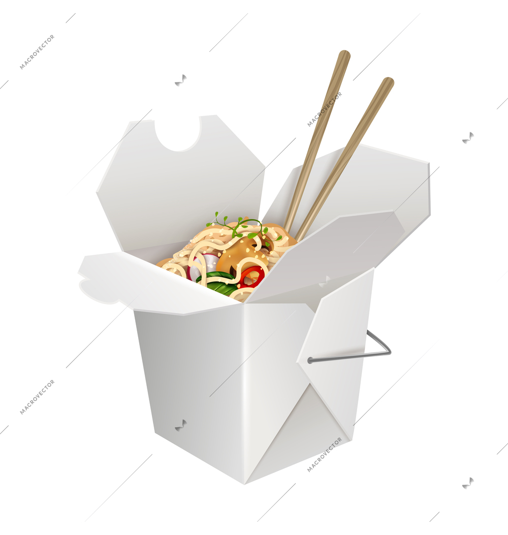 Realistic noodles wok in paper box with chopsticks vector illustration
