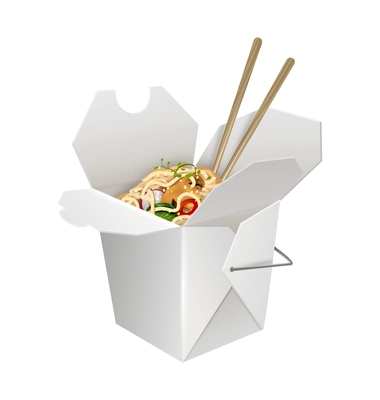 Realistic noodles wok in paper box with chopsticks vector illustration