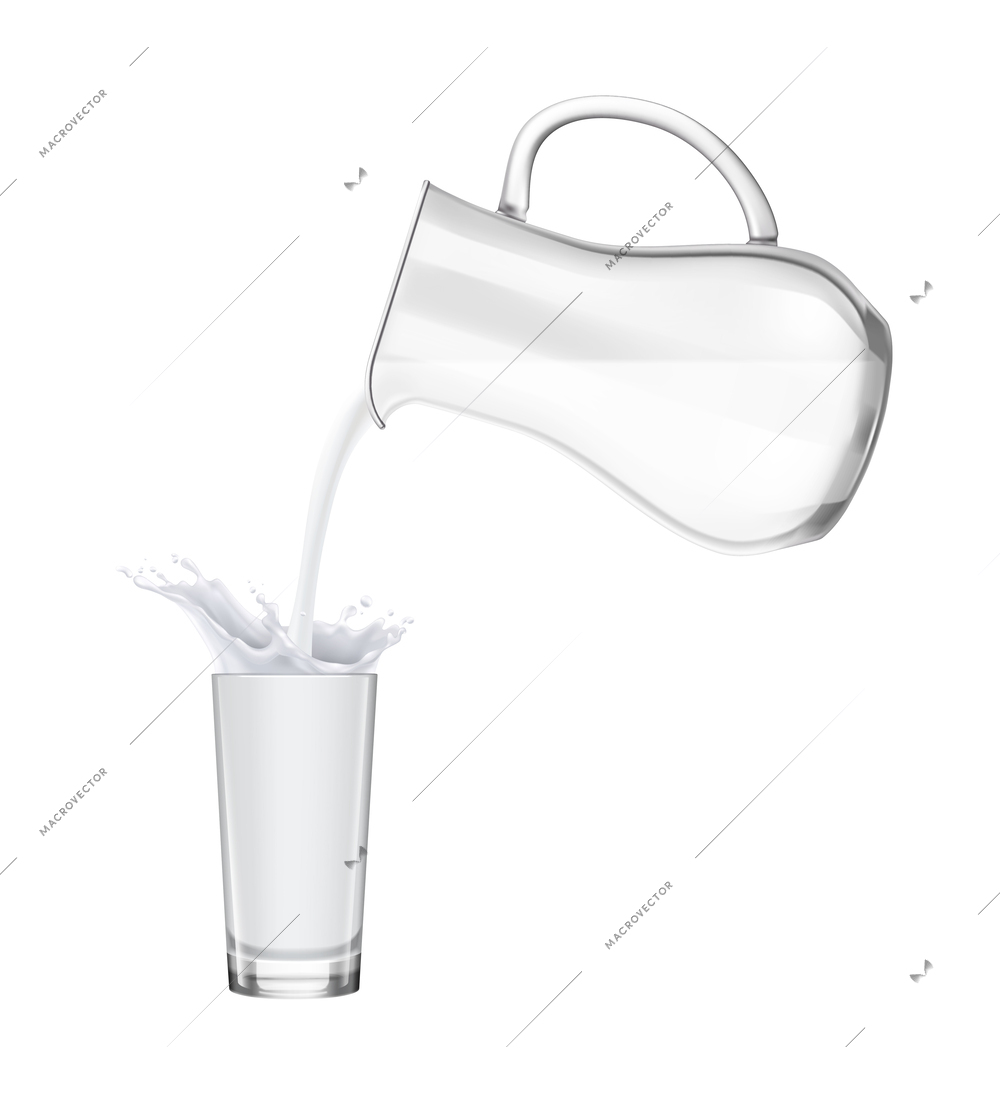 Pouring milk with splashes from jug into glass realistic vector illustration