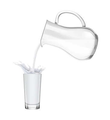 Pouring milk with splashes from jug into glass realistic vector illustration