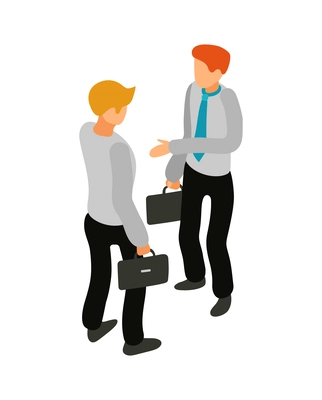 Male office workers with briefcases communicating isometric vector illustration