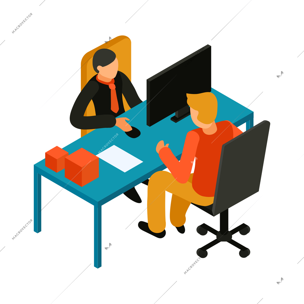 Bank people isometric icon with male client talking to teller sitting in front of computer vector illustration