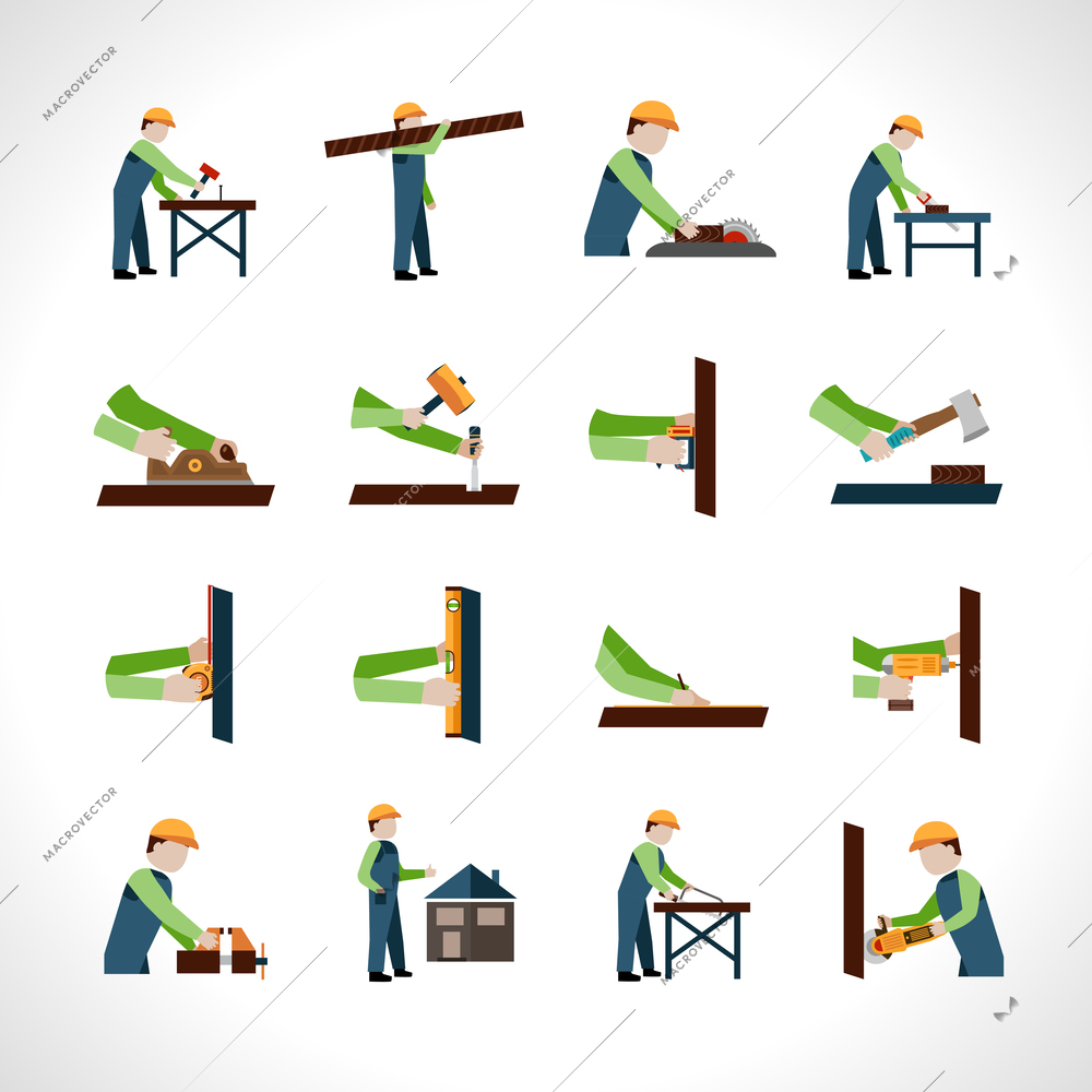 Carpenter icons set with carpentry and woodwork tools isolated vector illustration