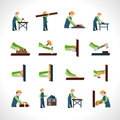 Carpenter icons set with carpentry and woodwork tools isolated vector illustration