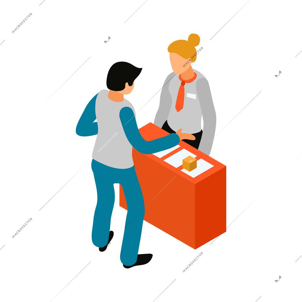 Bank people isometric icon with female teller and male client 3d vector illustration