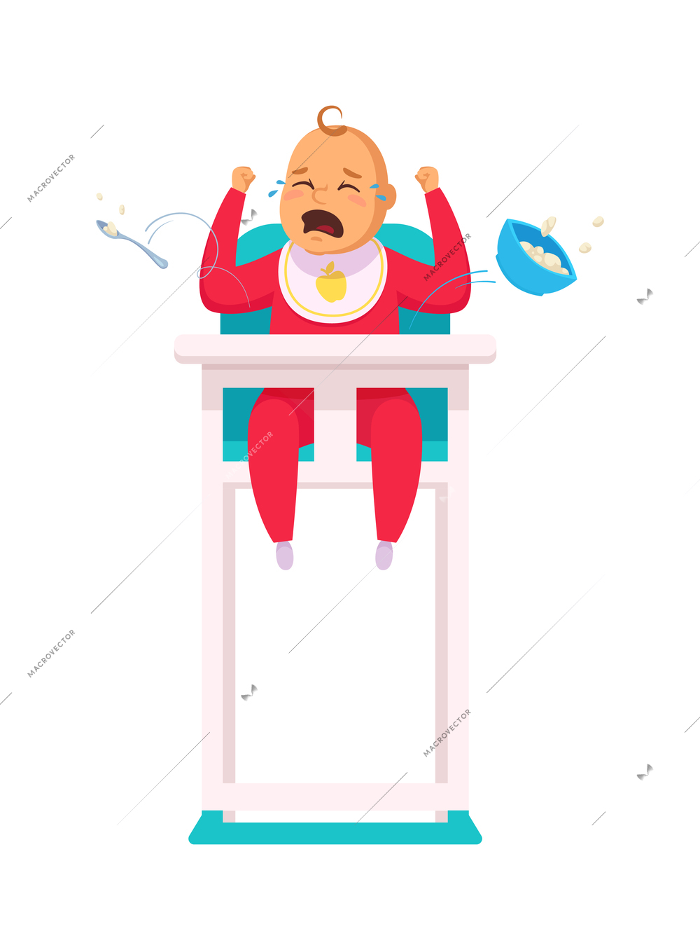 Cartoon crying baby sitting in high chair bad behavior concept vector illustration