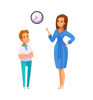 Bad behavior children concept with mum scolding teenager son for staying up late vector illustration