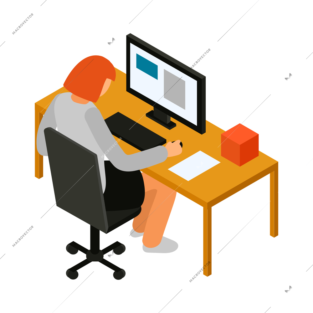 Female office worker working on computer isometric icon 3d vector illustration