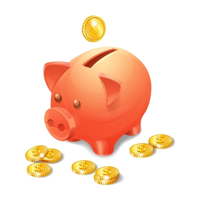 Piggy bank with realistic golden coins isolated on white background vector illustration