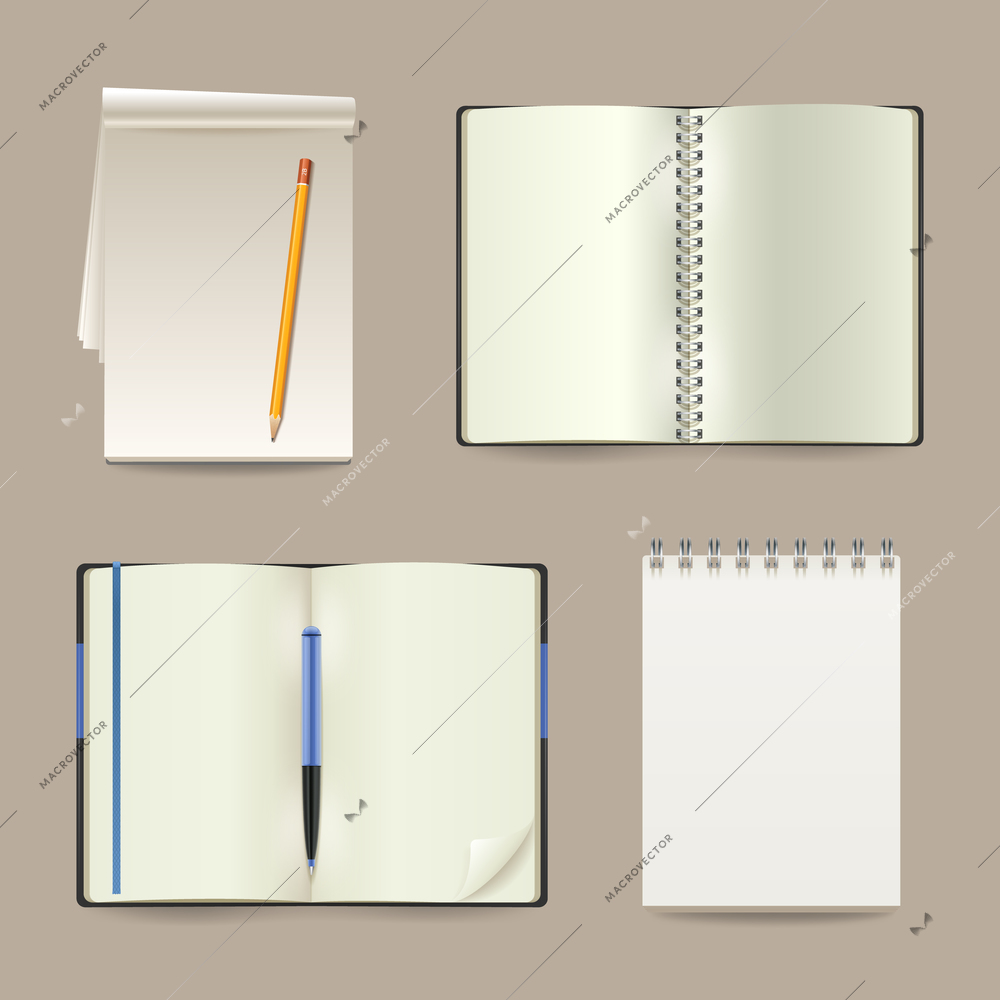 Blank white open realistic paper notebooks set isolated vector illustration