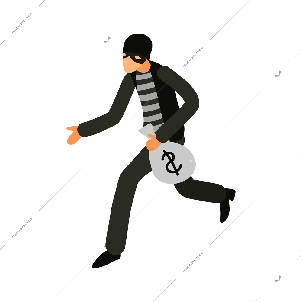 Male bank robber wearing black mask running with sack of money isometric icon vector illustration