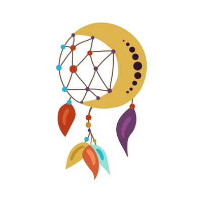 Dreamcatcher with feathers decorative element in boho style flat vector illustration