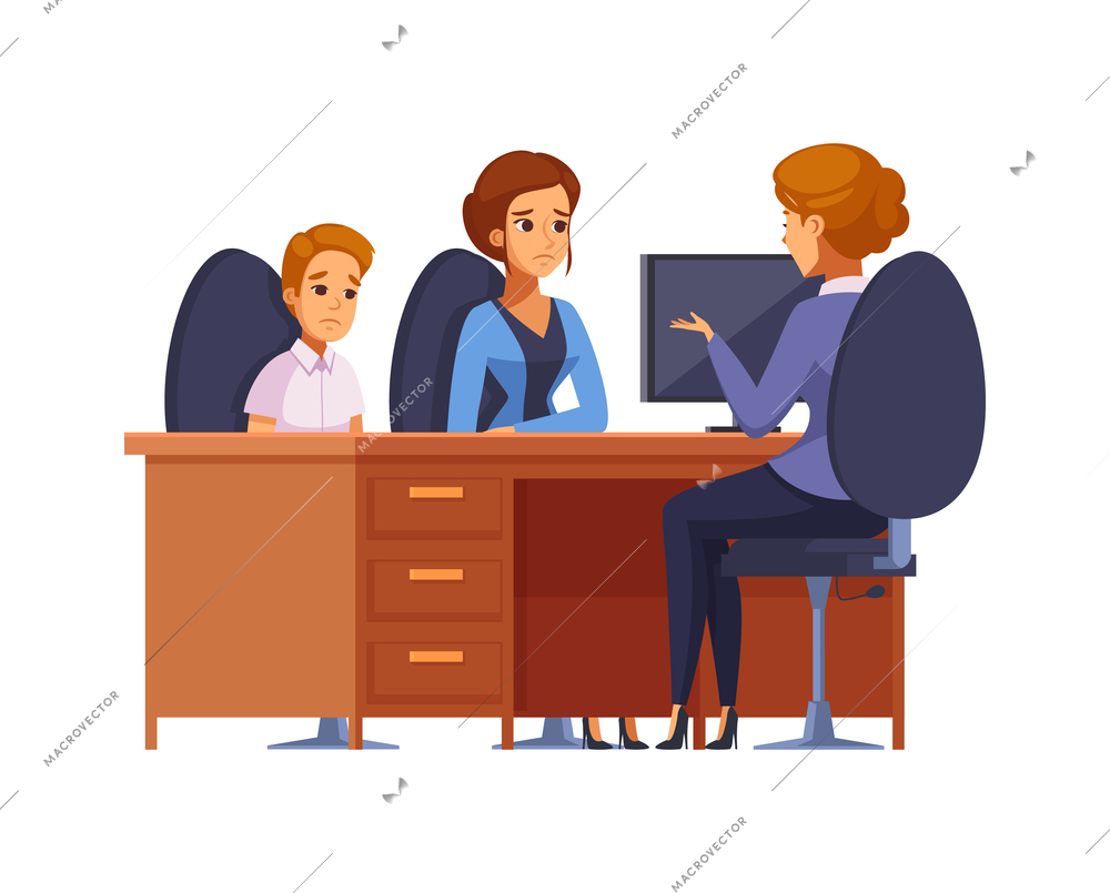 Parenthood cartoon concept with upset mum and son talking to school teacher vector illustration