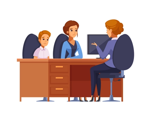 Parenthood cartoon concept with upset mum and son talking to school teacher vector illustration