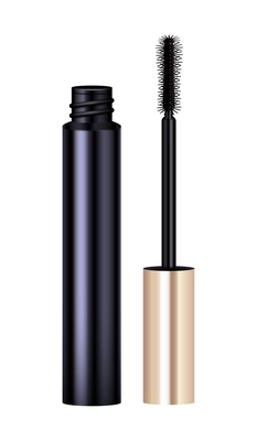 Black mascara in shiny container with brush realistic vector illustration