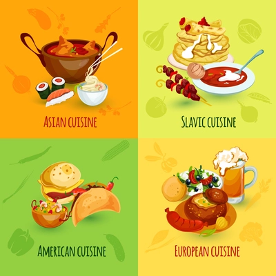 World food design concept set with asian slavic american european cuisine icons isolated vector illustration