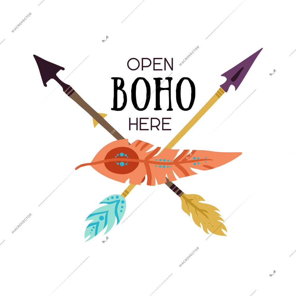 Boho shop emblem with feathers and arrows in flat style vector illustration