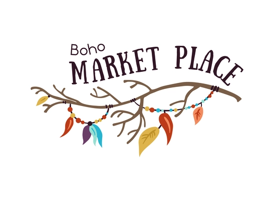 Boho market place flat emblem with tree branch decorated with feathers and beads vector illustration