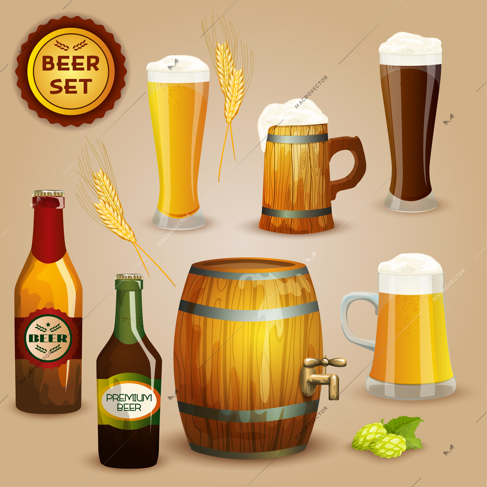 Premium beer foam head glasses and  wooden mug and barrel icons composition advertisement poster abstract vector illustration