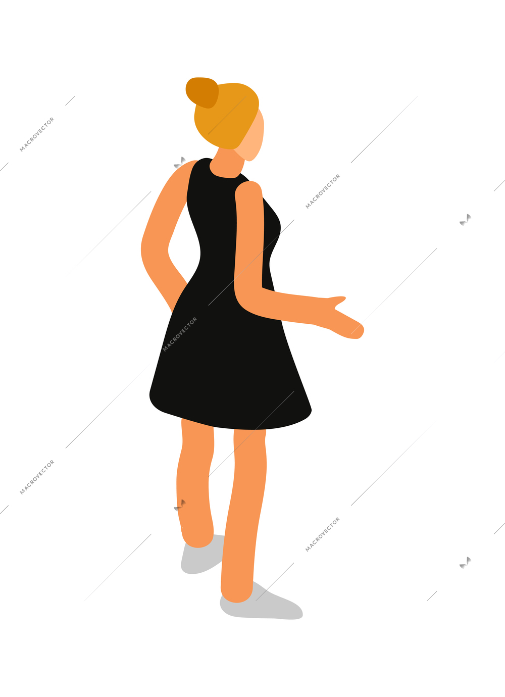 Young woman wearing black dress back view isometric icon vector illustration