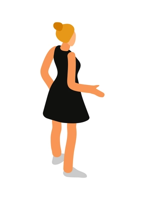 Young woman wearing black dress back view isometric icon vector illustration