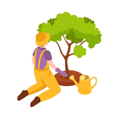 Gardening isometric icon with male gardener planting tree vector illustration