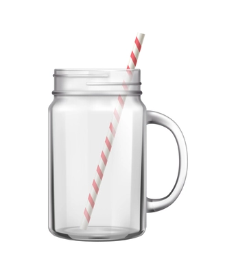 Empty glass jar with plastic cocktail straw realistic vector illustration