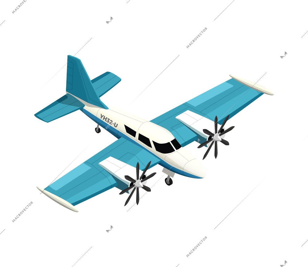 Isometric white and blue plane with two propellers 3d icon vector illustration