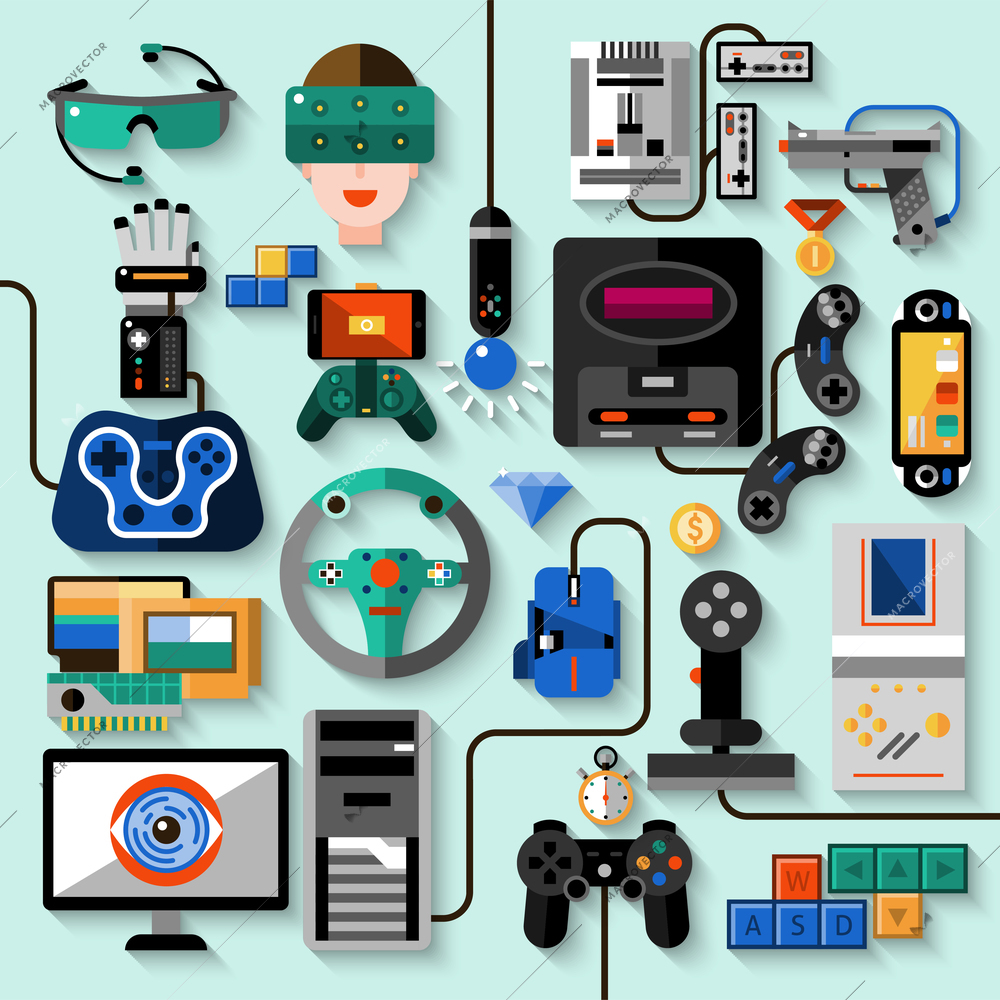 Gaming gadgets computer play technologies icons set isolated vector illustration