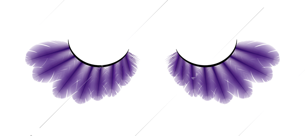 False eyelashes with violet feathers realistic isolated vector illustration