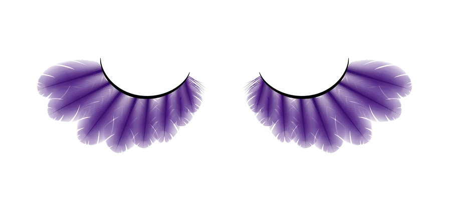 False eyelashes with violet feathers realistic isolated vector illustration