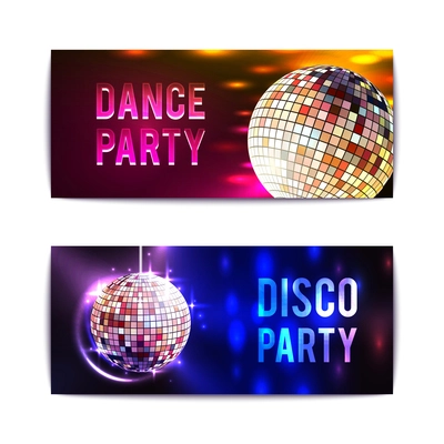 Disco party with glass ball spheres banners horizontal set isolated vector illustration