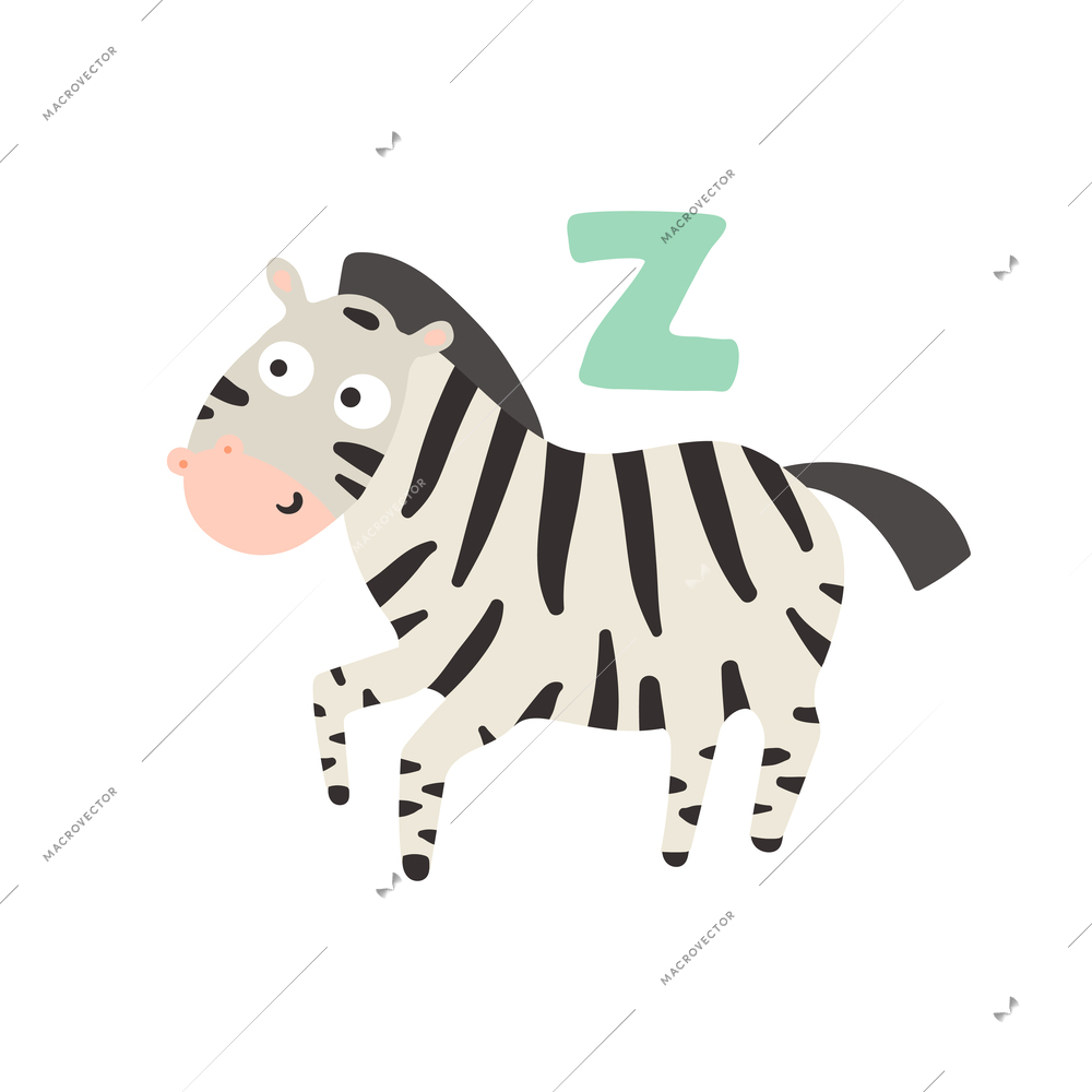 Children alphabet cute animal letter z for zebra flat vector illustration