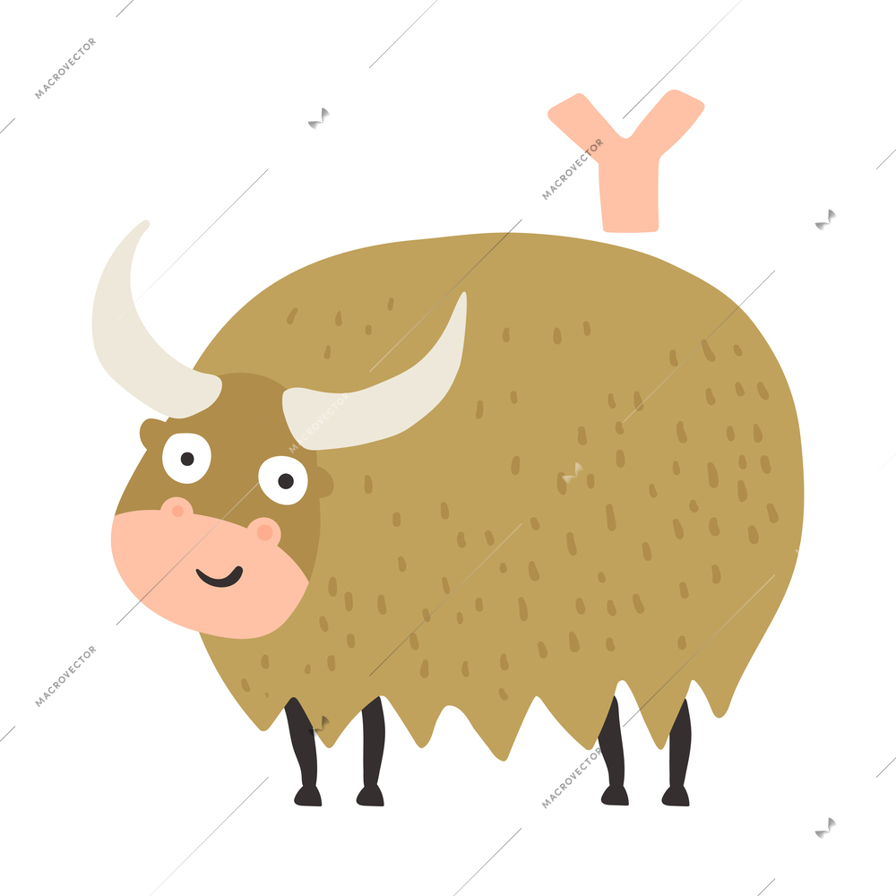 Children alphabet cute animal letter y for yak flat vector illustration