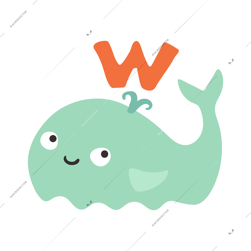 Children alphabet cute animal letter w for whale flat vector illustration