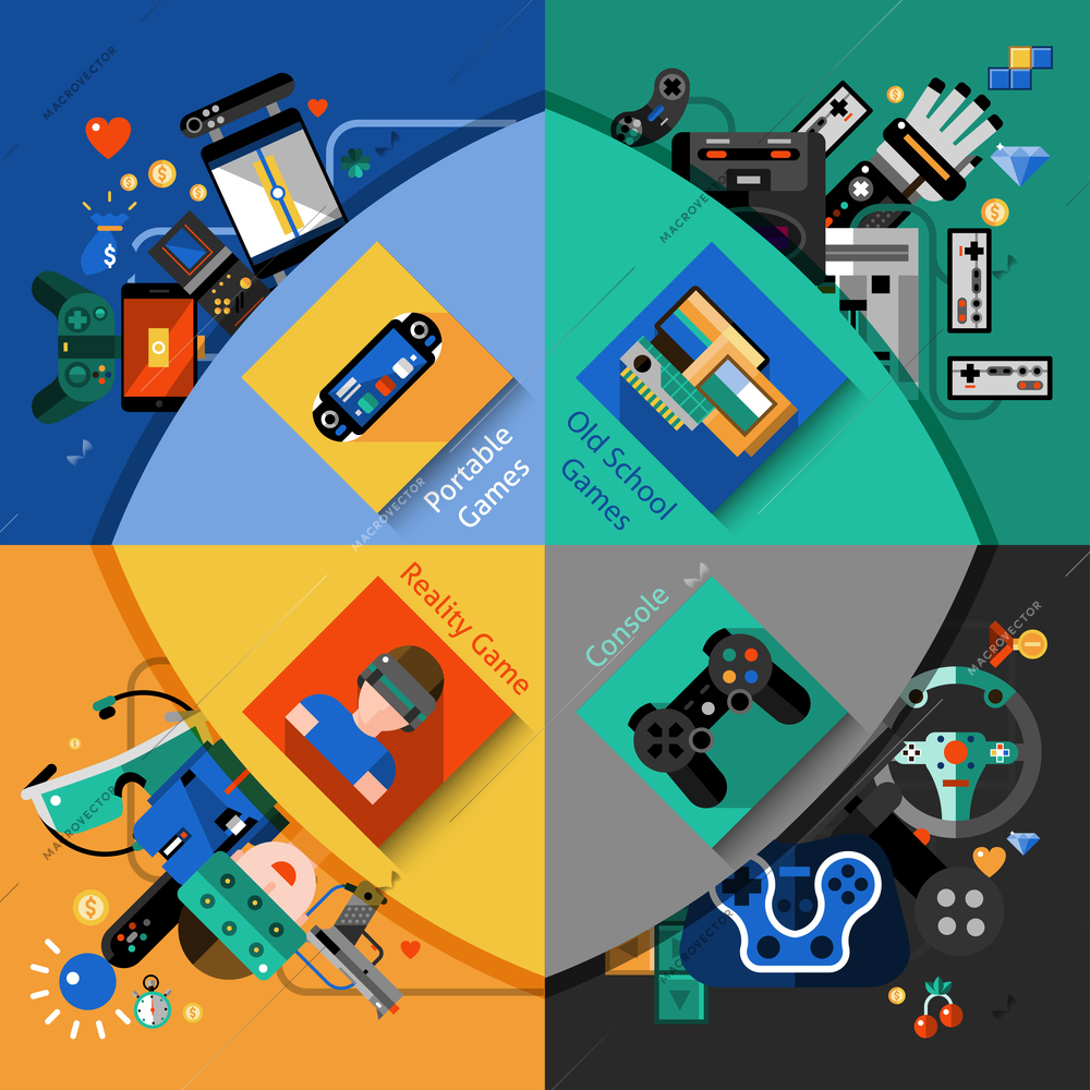 Video games design concept set with portable old school reality and console flat icons isolated vector illustration