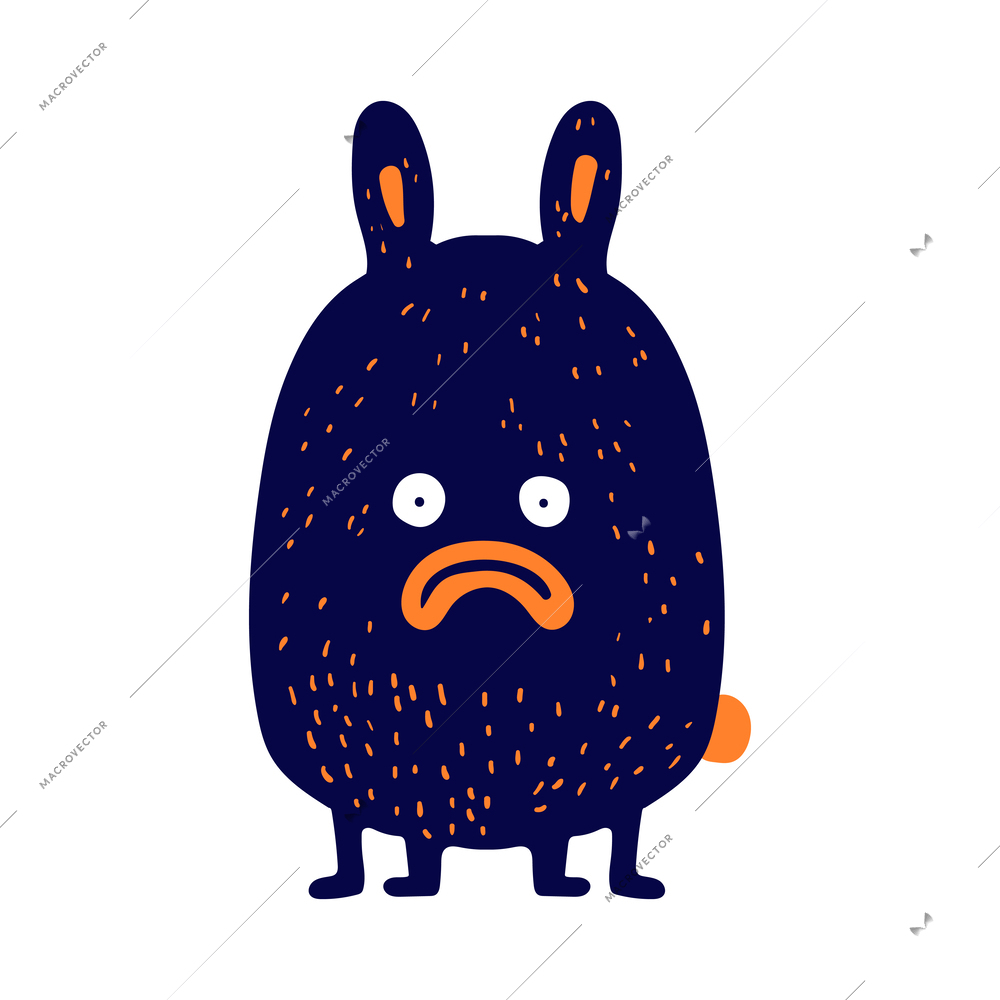 Flat cute sad blue and orange monster with rabbit ears and tail vector illustration