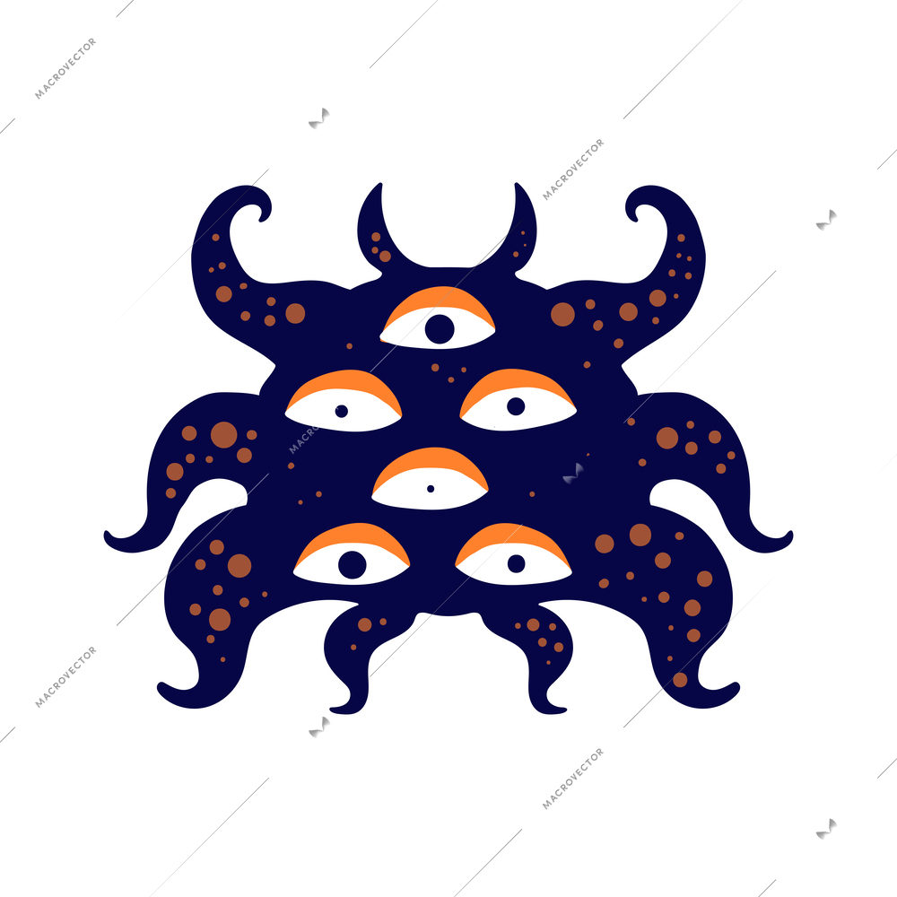 Flat spooky funny blue and orange monster with six eyes vector illustration