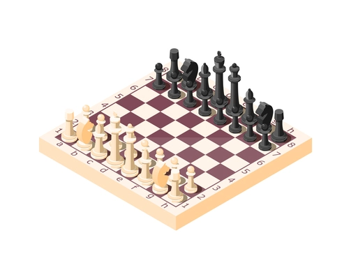 Chessboard with chess pieces isometric icon 3d vector illustration