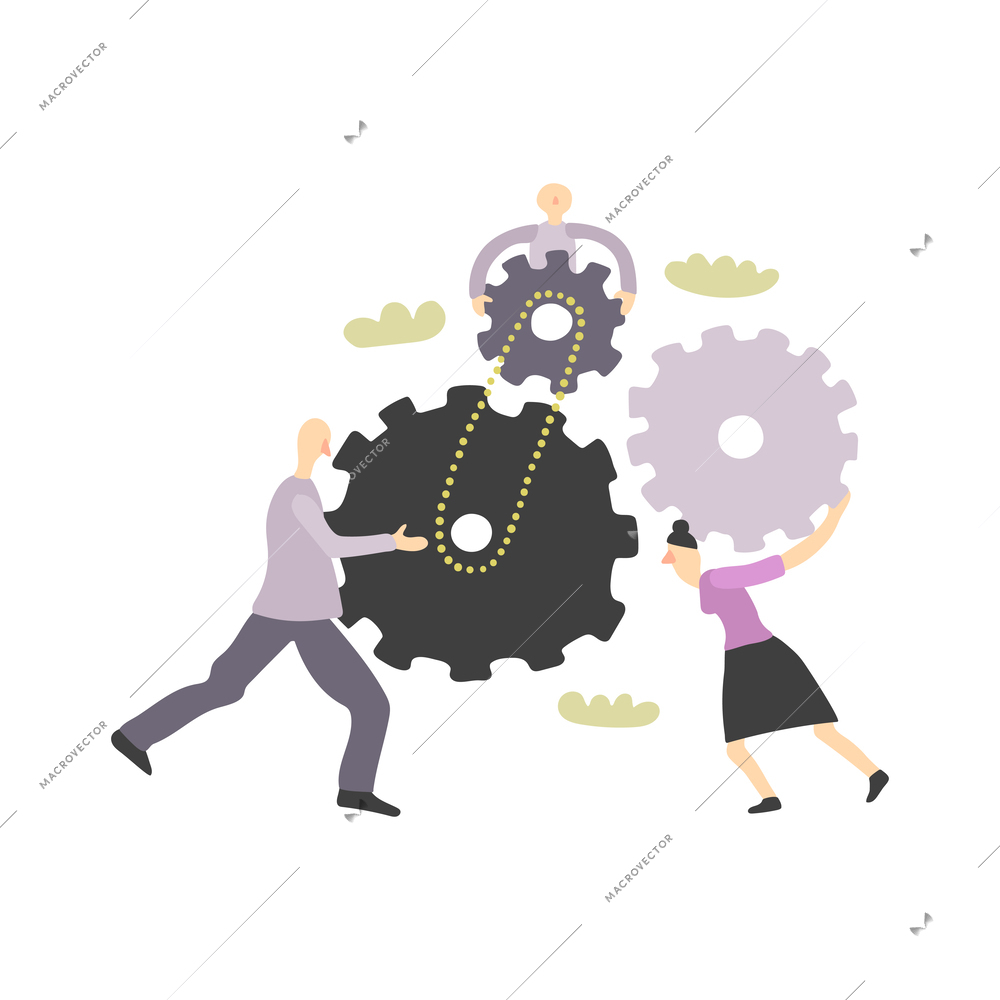 Teamwork flat concept with people holding cogwheel gears vector illustration