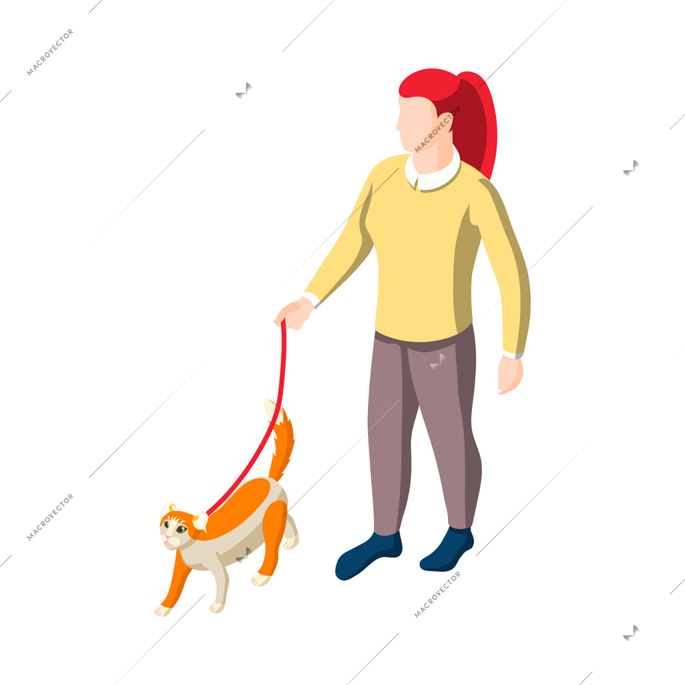 Woman walking with cat on leash isometric icon vector illustration