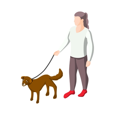 Isometric woman walking with dog on leash vector illustration