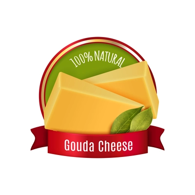 Natural gouda cheese realistic label with red ribbon vector illustration