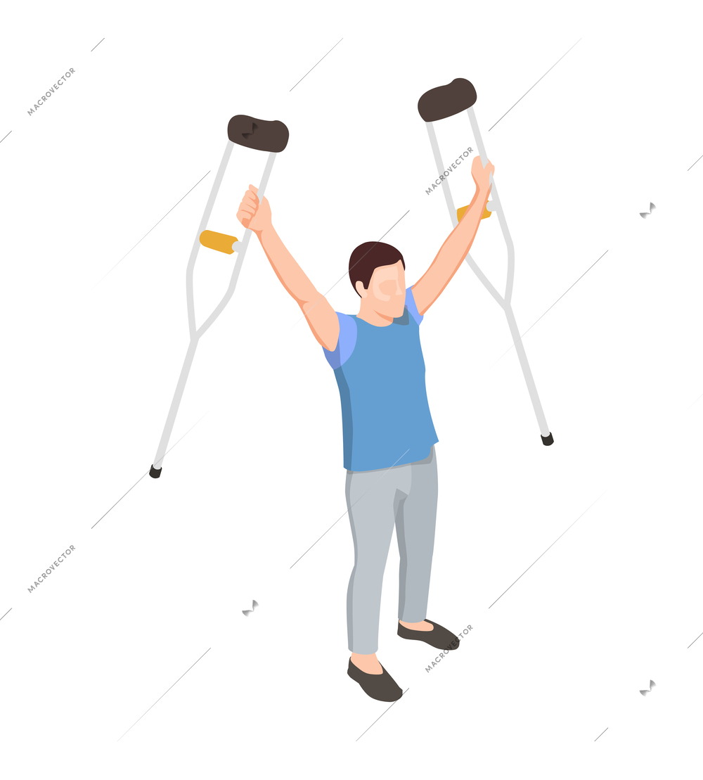 Happy male patient not needing crutches anymore after physiotherapy and rehabilitation procedures isometric icon vector illustration