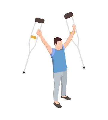 Happy male patient not needing crutches anymore after physiotherapy and rehabilitation procedures isometric icon vector illustration